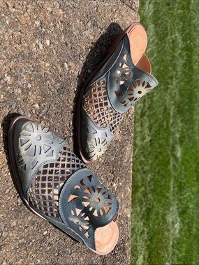 Veracruz artisans Laser-Cut Slip-On Mules in Blue-Green